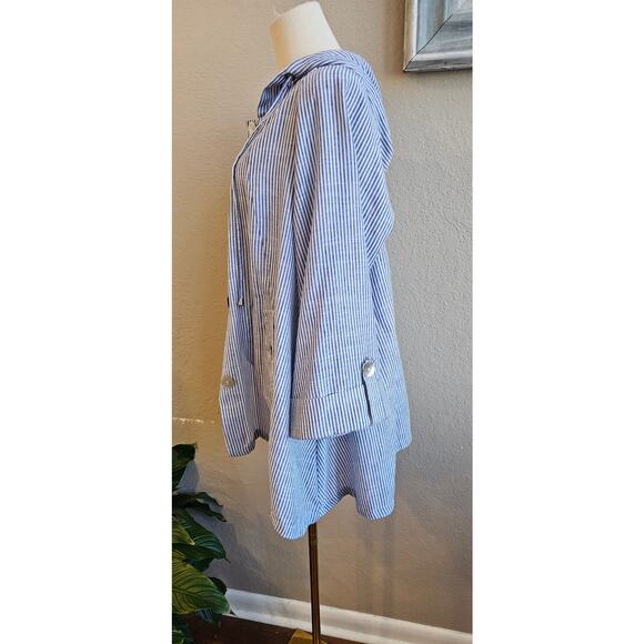 Jones New York Linen Stripe Beach Pearl Button Hooded Jacket Women Size XL Multi - Picture 3 of 7